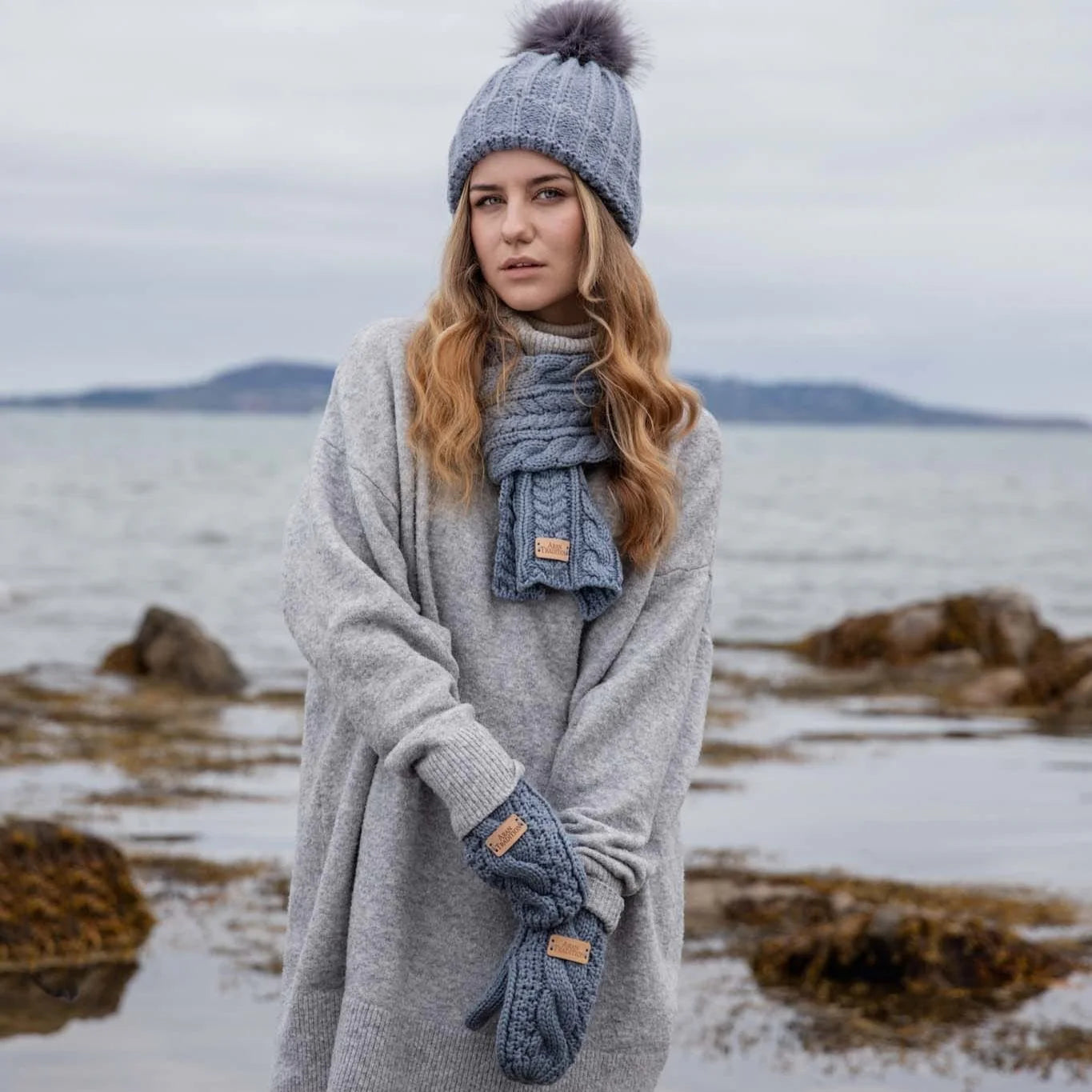 Aran Traditions Cable Button Wrap Woollen Knitted Grey Scarf