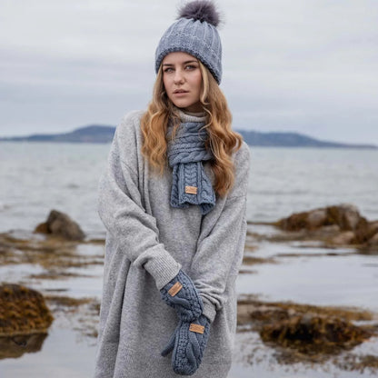 Aran Traditions Cable Button Wrap Woollen Knitted Grey Scarf