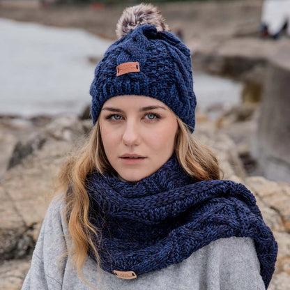 Aran Traditions Aran Blue Cable Tammy Hat with Soft Faux Fur Pom