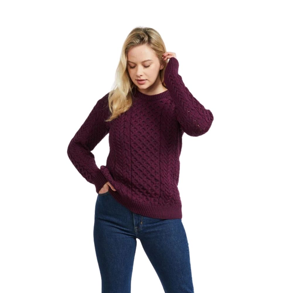 Inishmore Ladies Slim Fit Merino Aran Sweater Berry Colour
