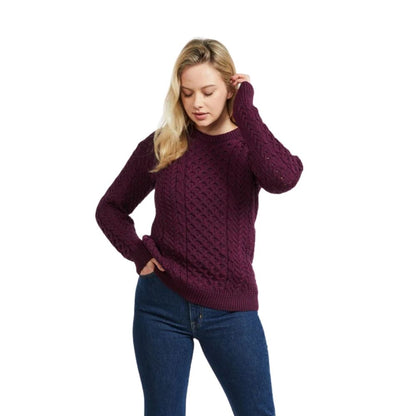 Inishmore Ladies Slim Fit Merino Aran Sweater Berry Colour
