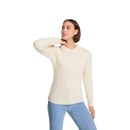 Inishmore Ladies Slim Fit Merino Aran Sweater Cream Colour