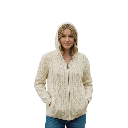 Aran Women's Hooded Woollen Zip Cardigan Natural Colour