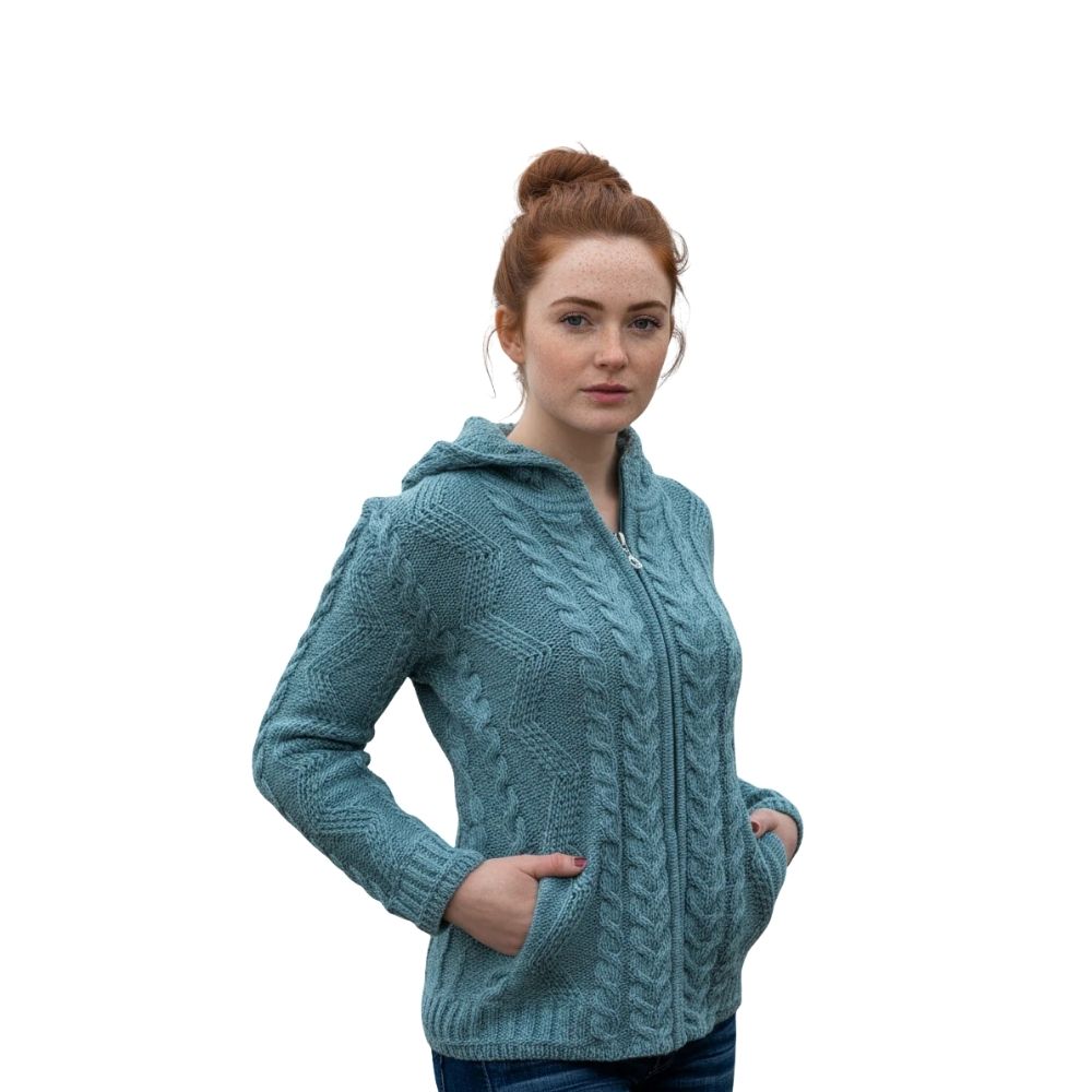 Aran Women's Hooded Woollen Claddagh Zip Cardigan Aqua