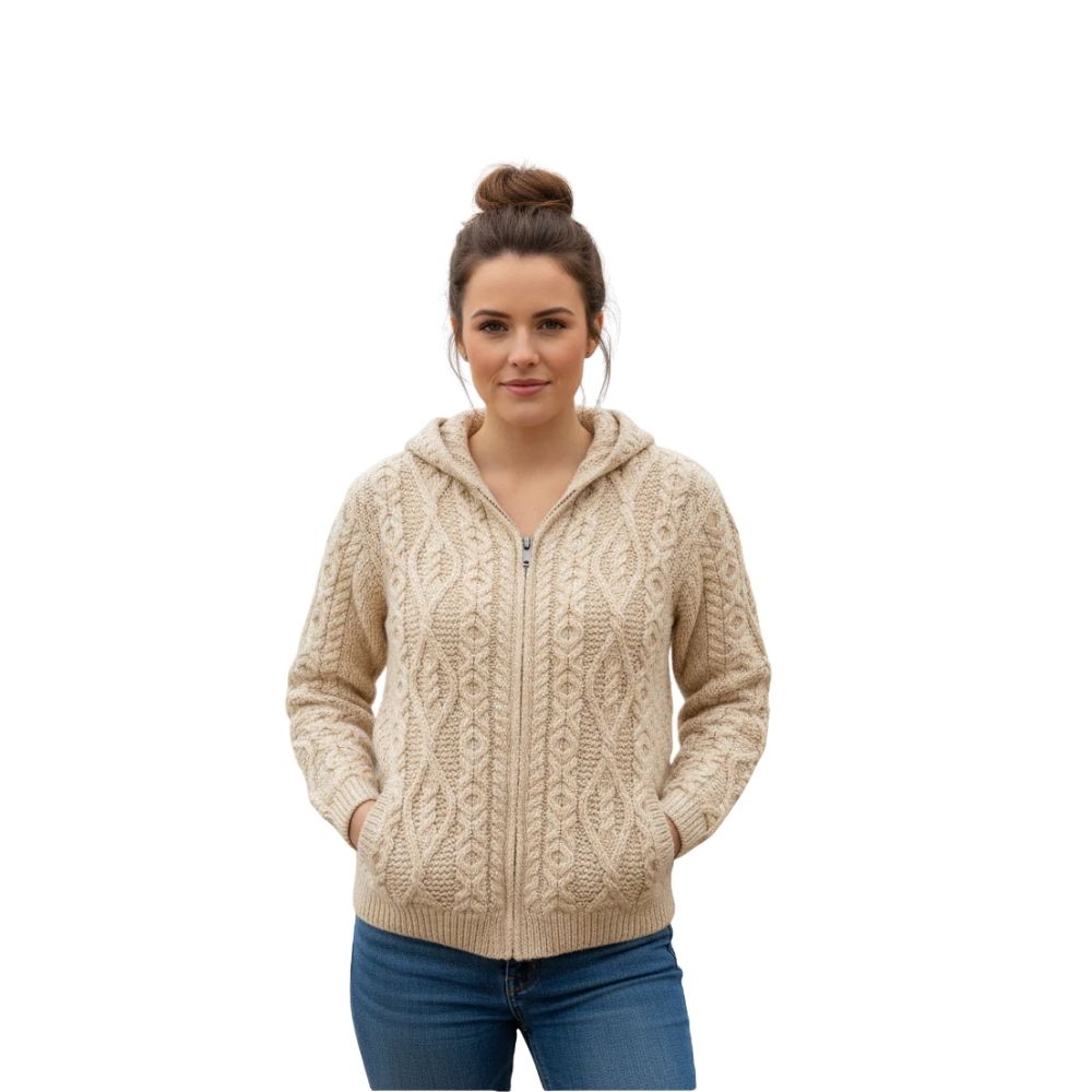Aran Women's Hooded Woollen Zip Cardigan Oatmeal Colour