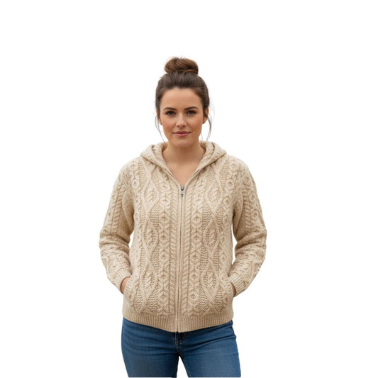 Aran Women's Hooded Woollen Zip Cardigan Oatmeal Colour