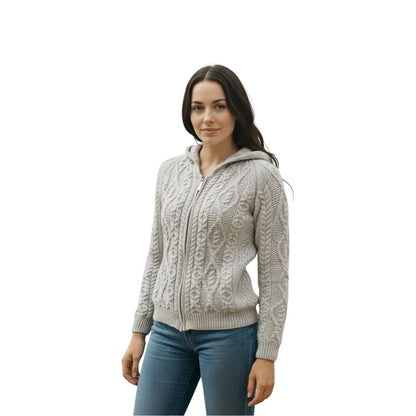 Aran Women's Hooded Woollen Zip Cardigan Grey Colour