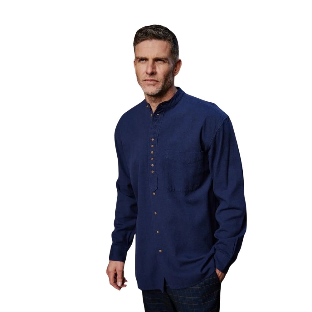 Navy Cotton Linen Mens Grandfather Shirt