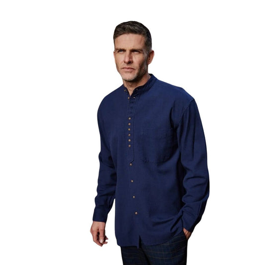 Navy Cotton Linen Mens Grandfather Shirt
