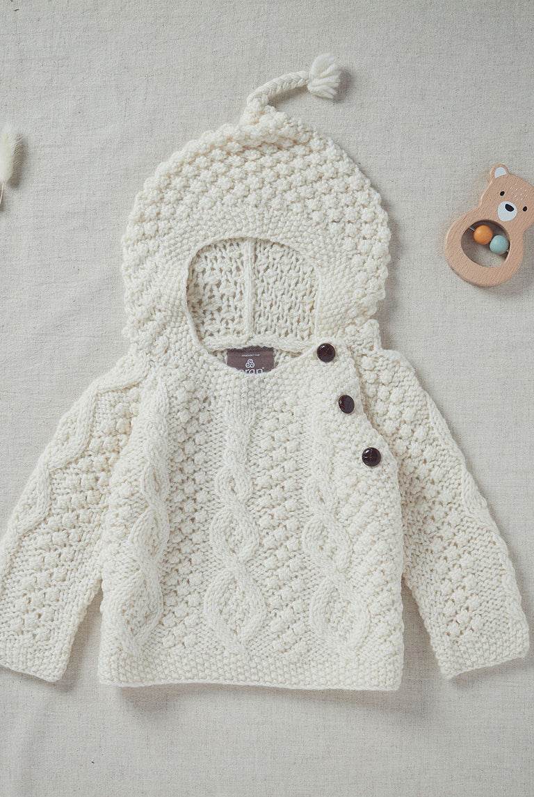 Shepley Baby Aran Wool Sweater with Hood Cream