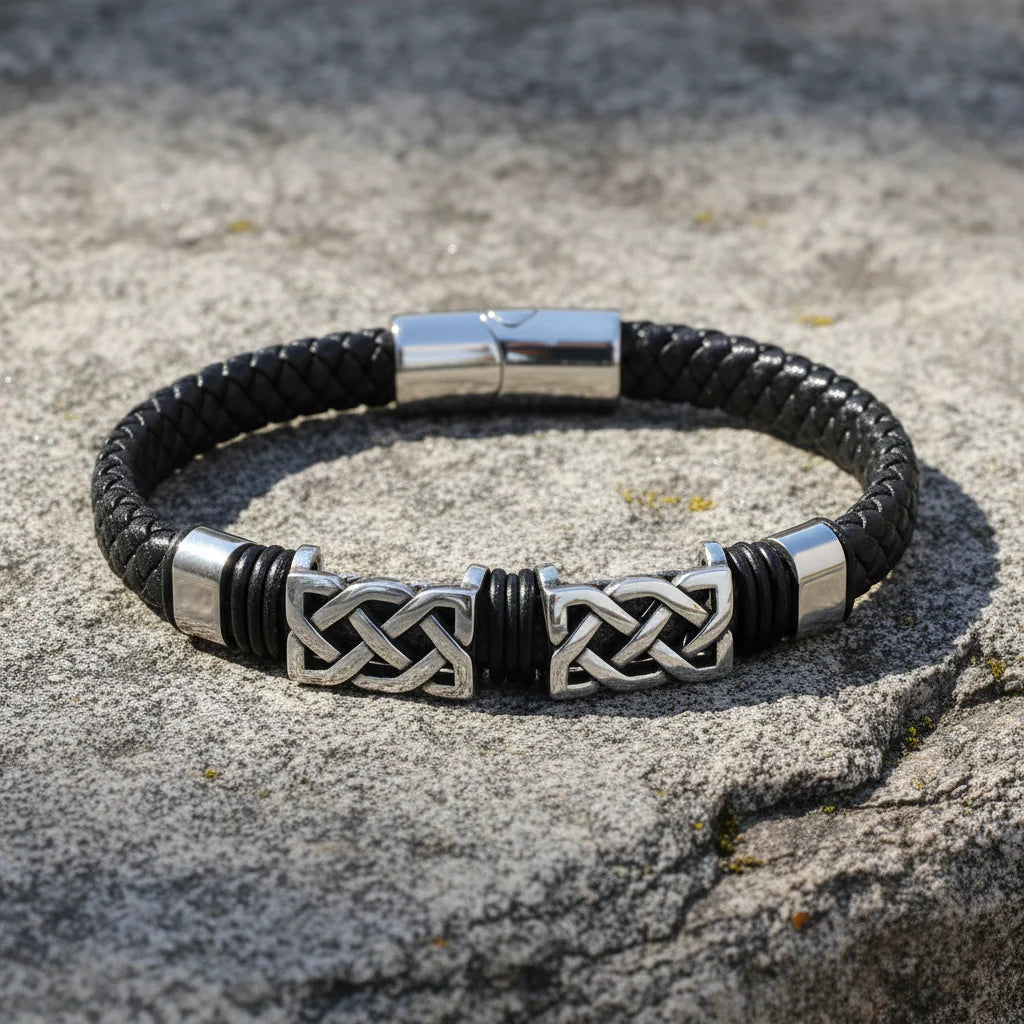 Black Leather Two Link Celtic Knot Bracelet by Solvar