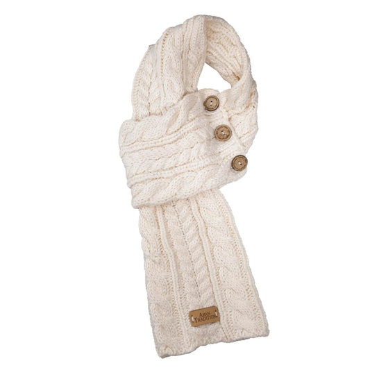 Aran Traditions Cable Button Wrap Woollen Knitted Cream Scarf