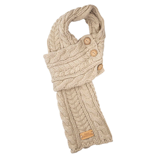 Aran Traditions Cable Button Wrap Woollen Knitted Oatmeal Scarf
