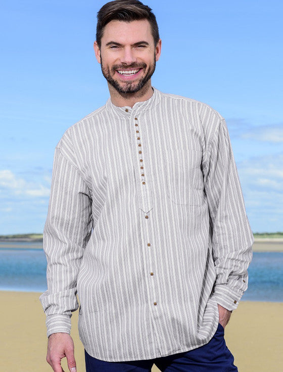 Cotton Irish Men's Grandfather Shirt Grey Stripe