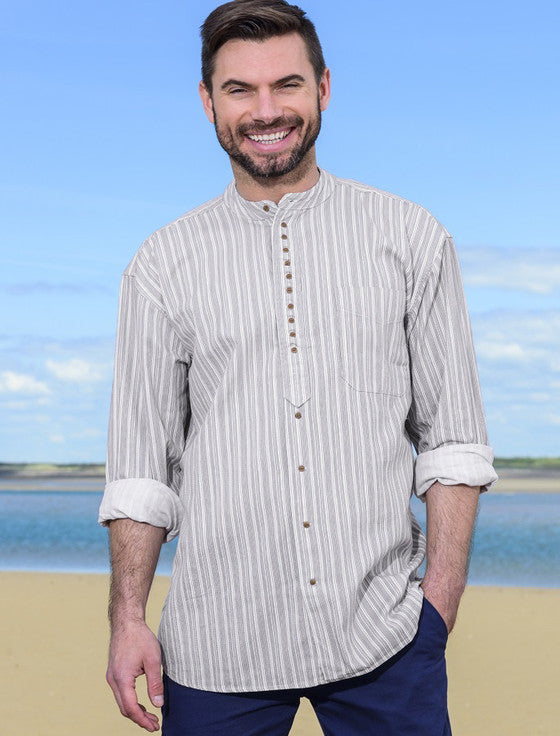Cotton Irish Men's Grandfather Shirt Grey Stripe