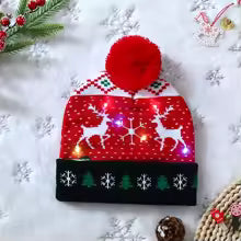 LED Light-Up White and Red Reindeer Christmas Beanie Hat with Multicolor Flashing Lights & Pom-Pom