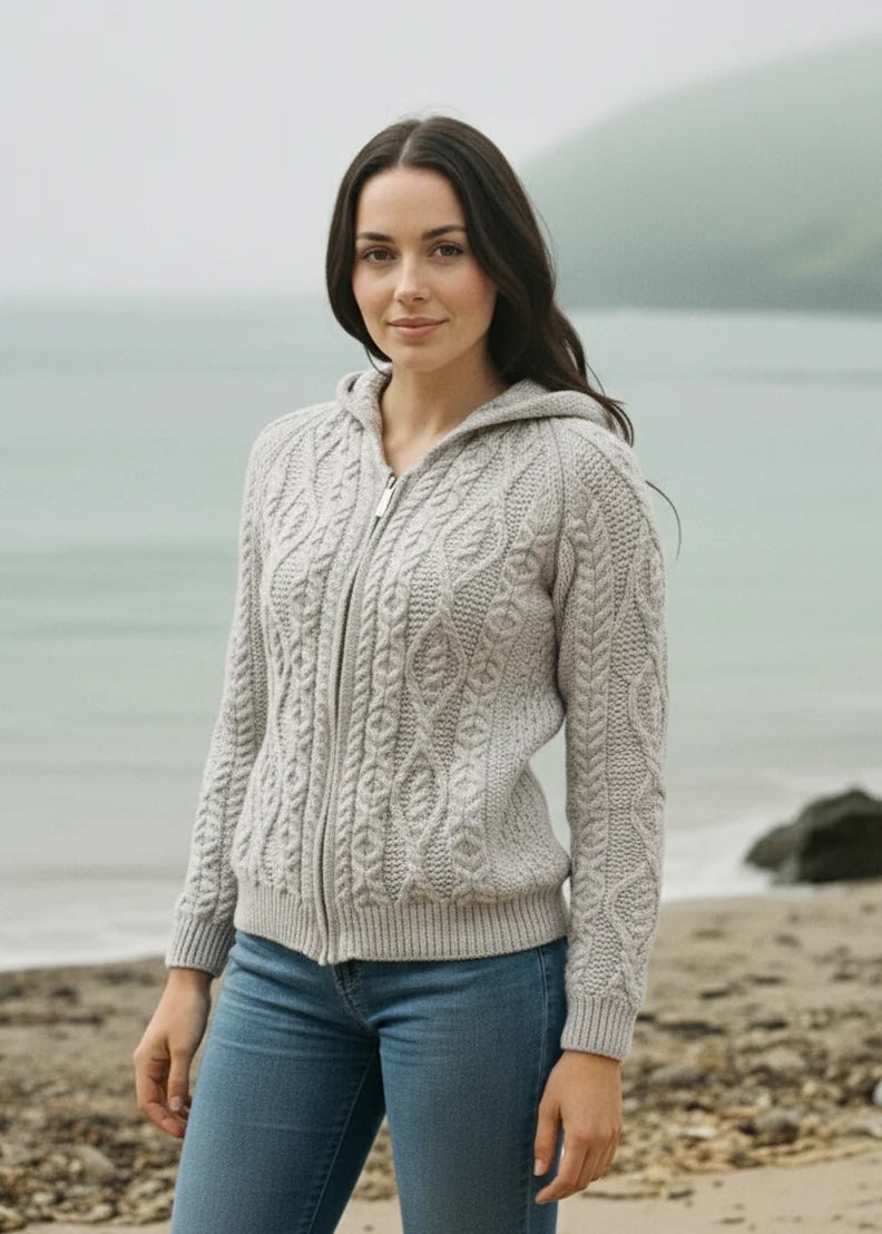Aran Women's Hooded Woollen Zip Cardigan Grey Colour