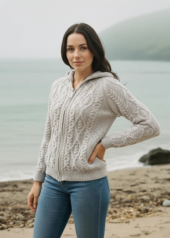 Aran Women's Hooded Woollen Zip Cardigan Grey Colour