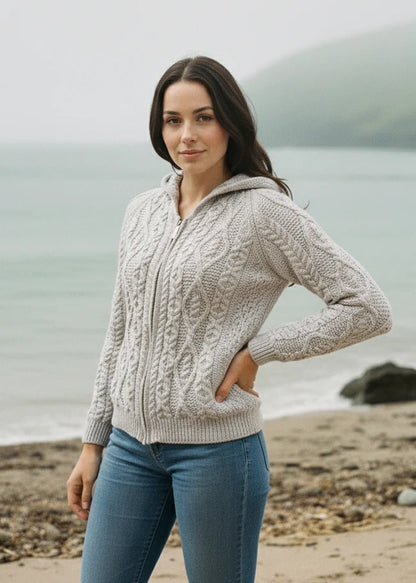 Aran Women's Hooded Woollen Zip Cardigan Grey Colour