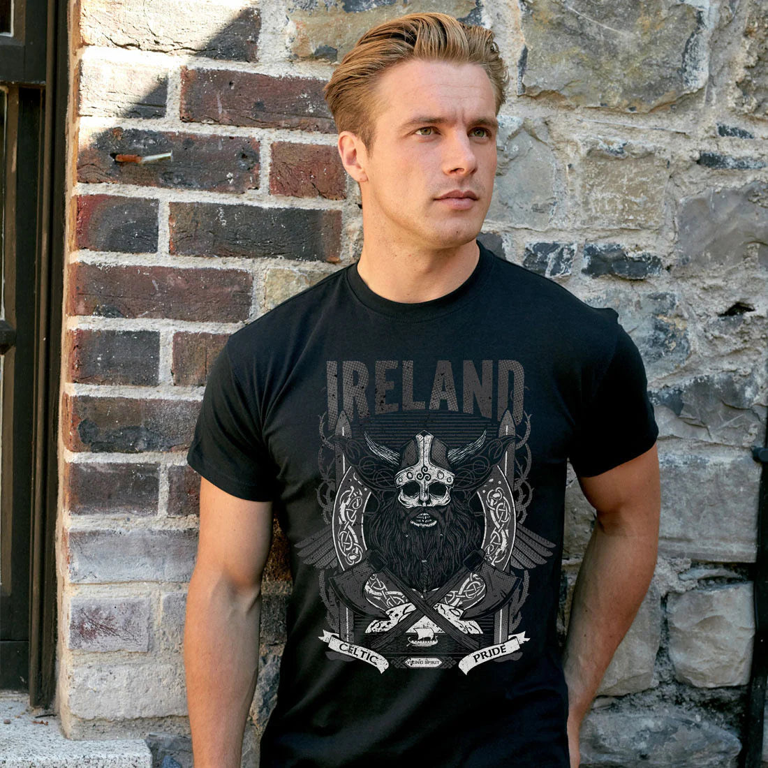 Black Viking Print Ireland Men's Black T-Shirt
