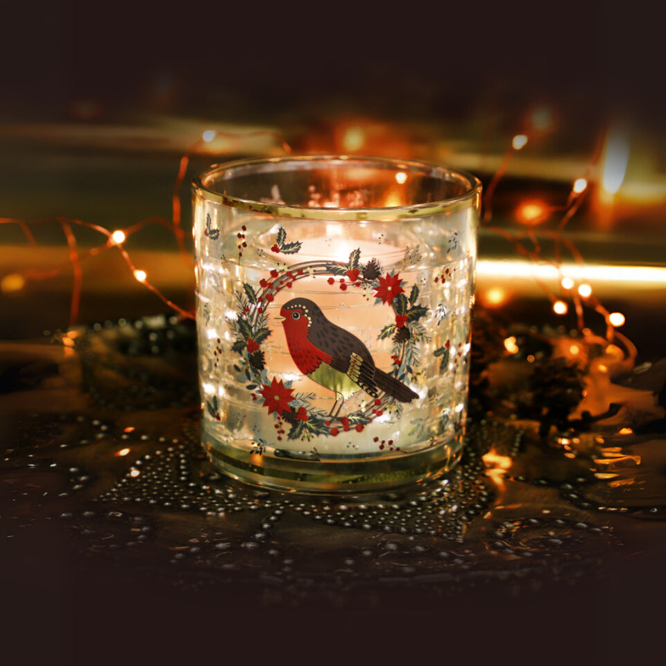 Tipperary Crystal Robin Wreath LED Light Up Candle