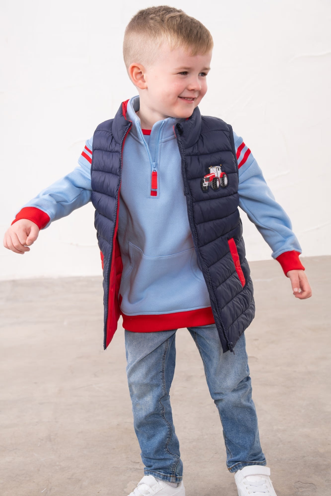 Little Lighthouse Abel Padded Navy Gilet for boys with Red Tractor