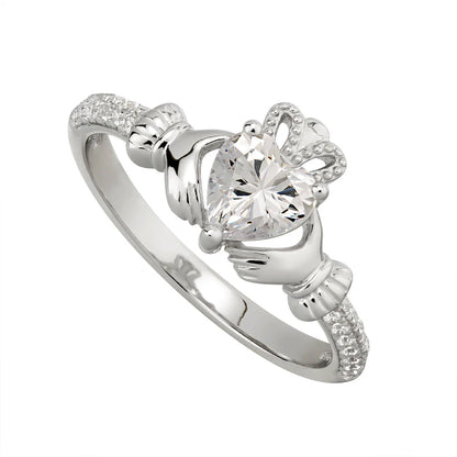 Silver April Birthstone Crystal Women's Claddagh Ring