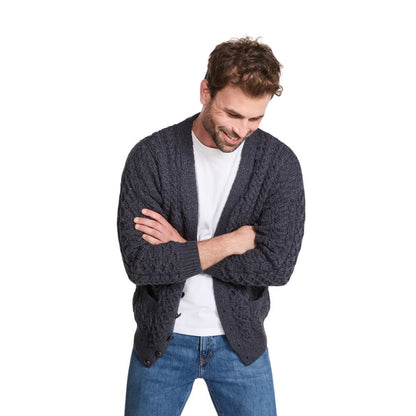 Mens Merino Aran Cardigan Charcoal Colour