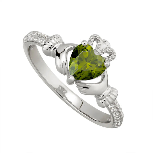 Silver August Birthstone Peridot Women's Claddagh Ring