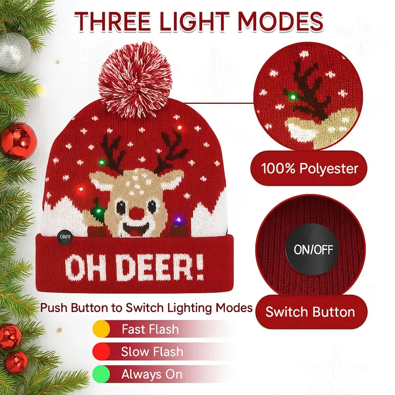 LED Light-Up Reindeer Christmas Beanie Hat with Multicolor Flashing Lights & Pom-Pom