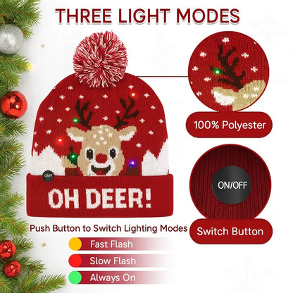 LED Light-Up Reindeer Christmas Beanie Hat with Multicolor Flashing Lights & Pom-Pom