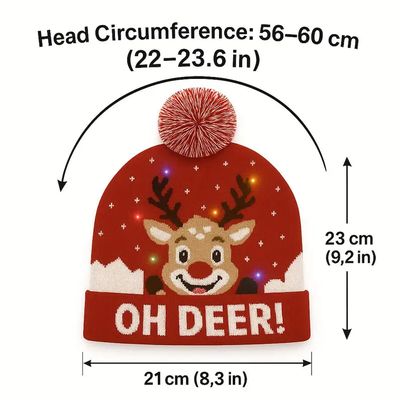 LED Light-Up Reindeer Christmas Beanie Hat with Multicolor Flashing Lights & Pom-Pom