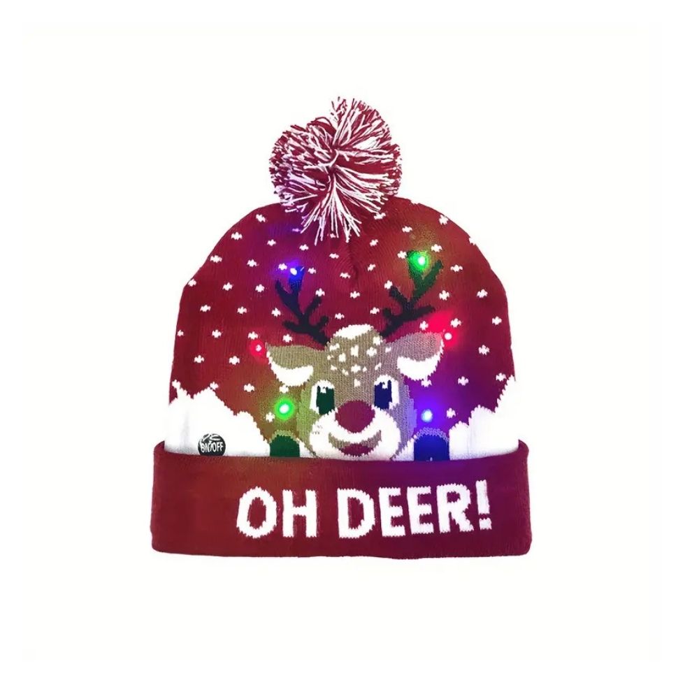 LED Light-Up Reindeer Christmas Beanie Hat with Multicolor Flashing Lights & Pom-Pom