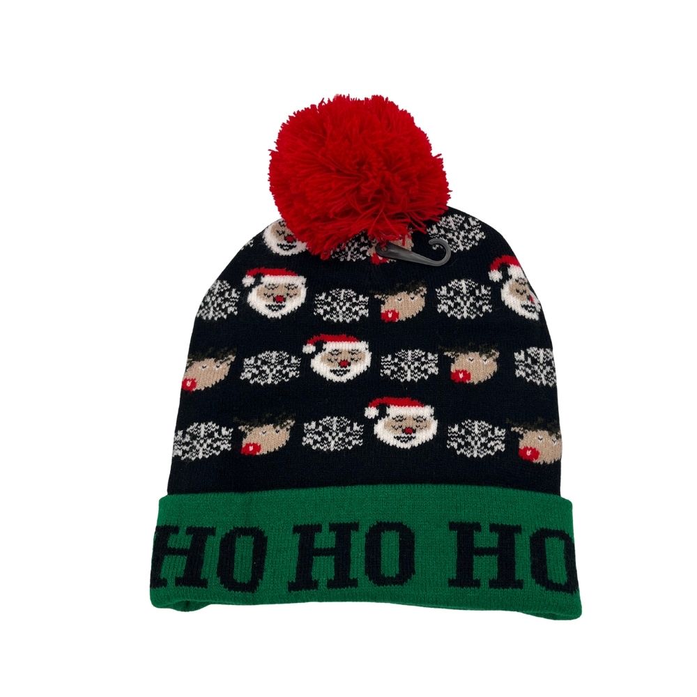 LED Light-Up Christmas Beanie Hat with Multicolor Flashing Lights & RED Pom-Pom