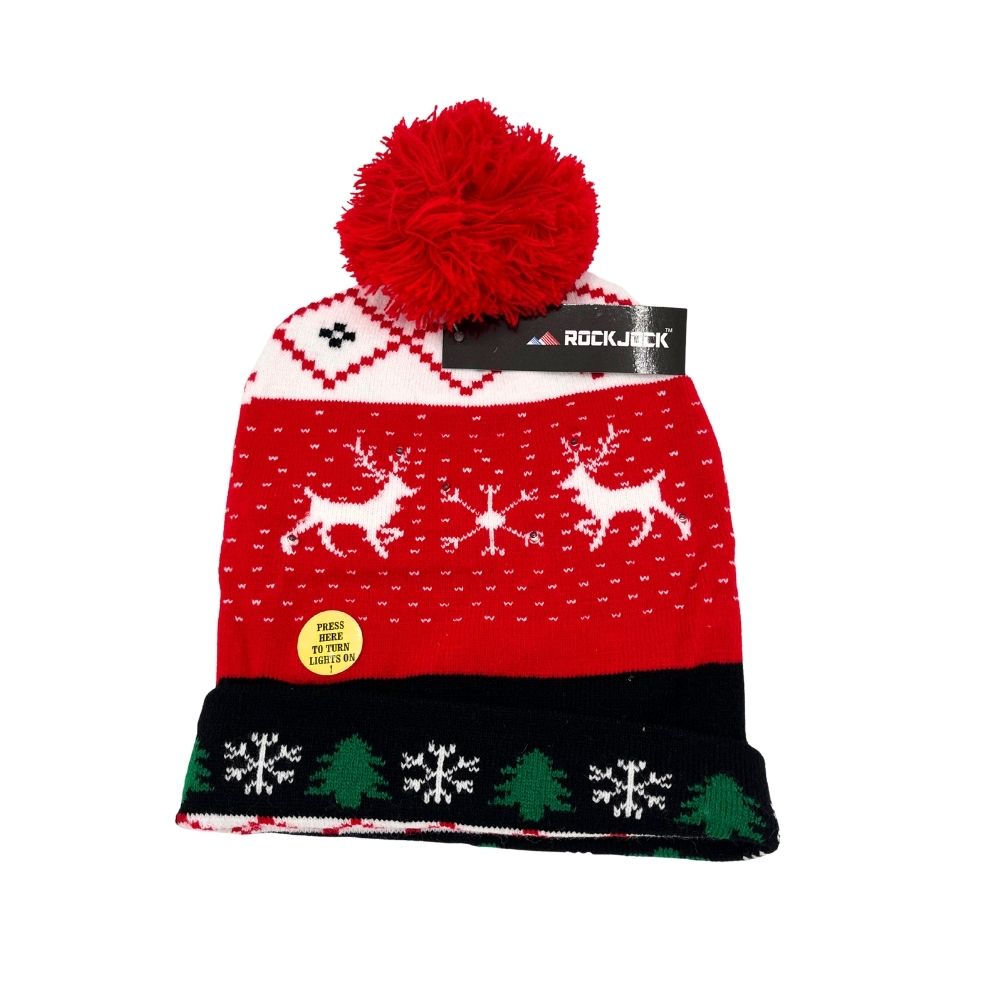 LED Light-Up White and Red Reindeer Christmas Beanie Hat with Multicolor Flashing Lights & Pom-Pom