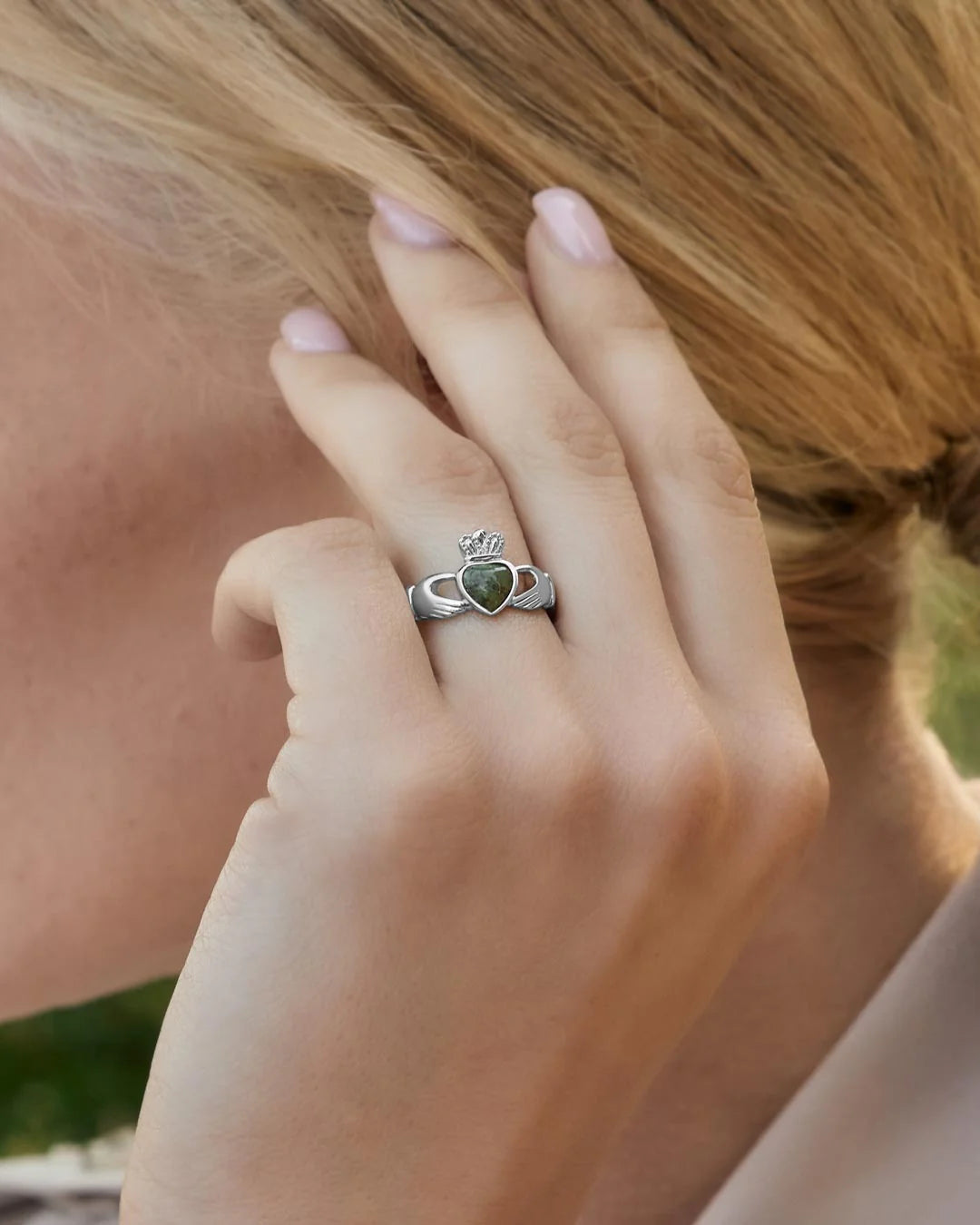 Silver Connemara Marble Women's Claddagh Weave Ring