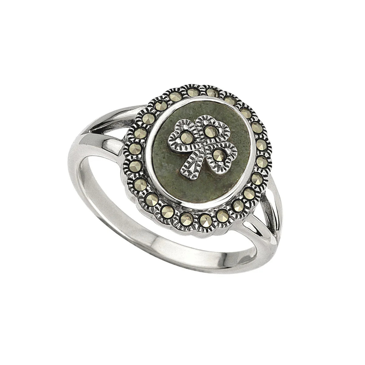 Silver Women's Connemara Marble Shamrock Ring