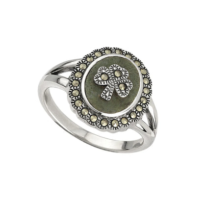 Silver Women's Connemara Marble Shamrock Ring