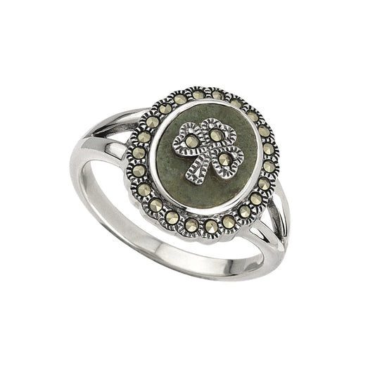 Silver Women's Connemara Marble Shamrock Ring