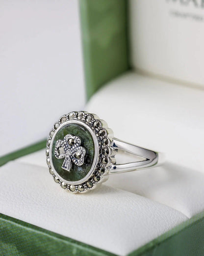 Silver Women's Connemara Marble Shamrock Ring
