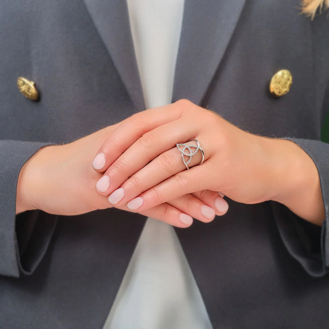 Silver Women's Trinity Knot Ring with Cubic Zirconia Detail