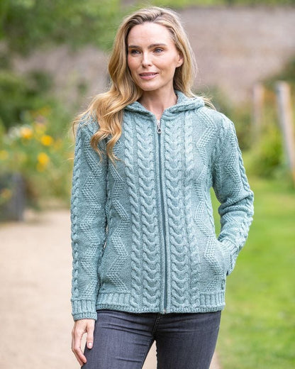 Aran Women's Hooded Woollen Claddagh Zip Cardigan Aqua