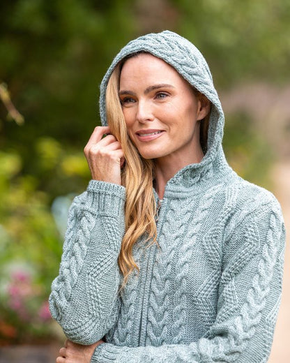 Aran Women's Hooded Woollen Claddagh Zip Cardigan Aqua