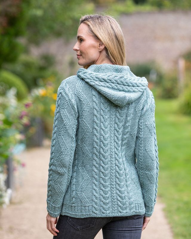 Aran Women's Hooded Woollen Claddagh Zip Cardigan Aqua