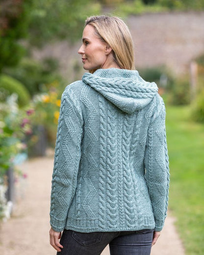 Aran Women's Hooded Woollen Claddagh Zip Cardigan Aqua