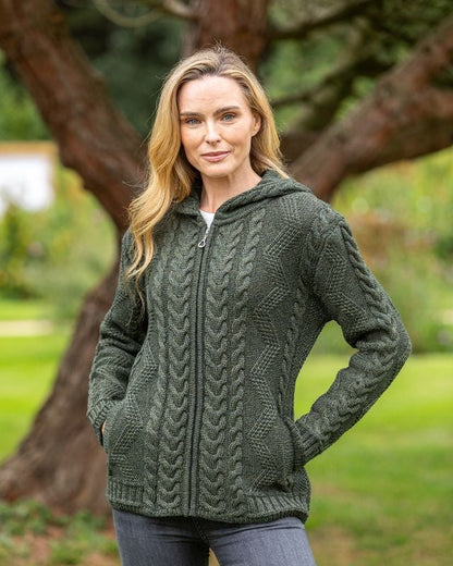 Aran Women's Hooded Woollen Claddagh Zip Cardigan Green