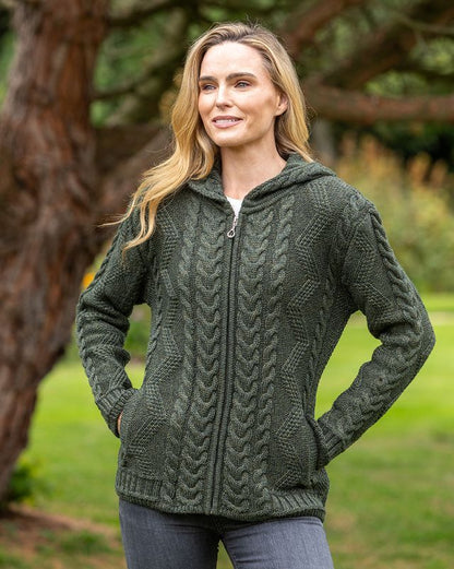 Aran Women's Hooded Woollen Claddagh Zip Cardigan Green
