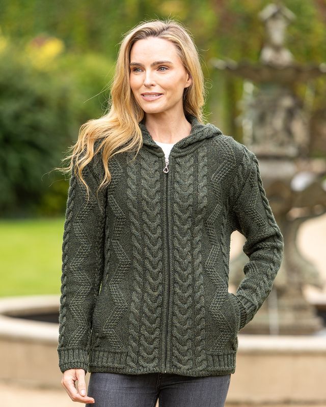 Aran Women's Hooded Woollen Claddagh Zip Cardigan Green