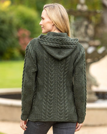 Aran Women's Hooded Woollen Claddagh Zip Cardigan Green