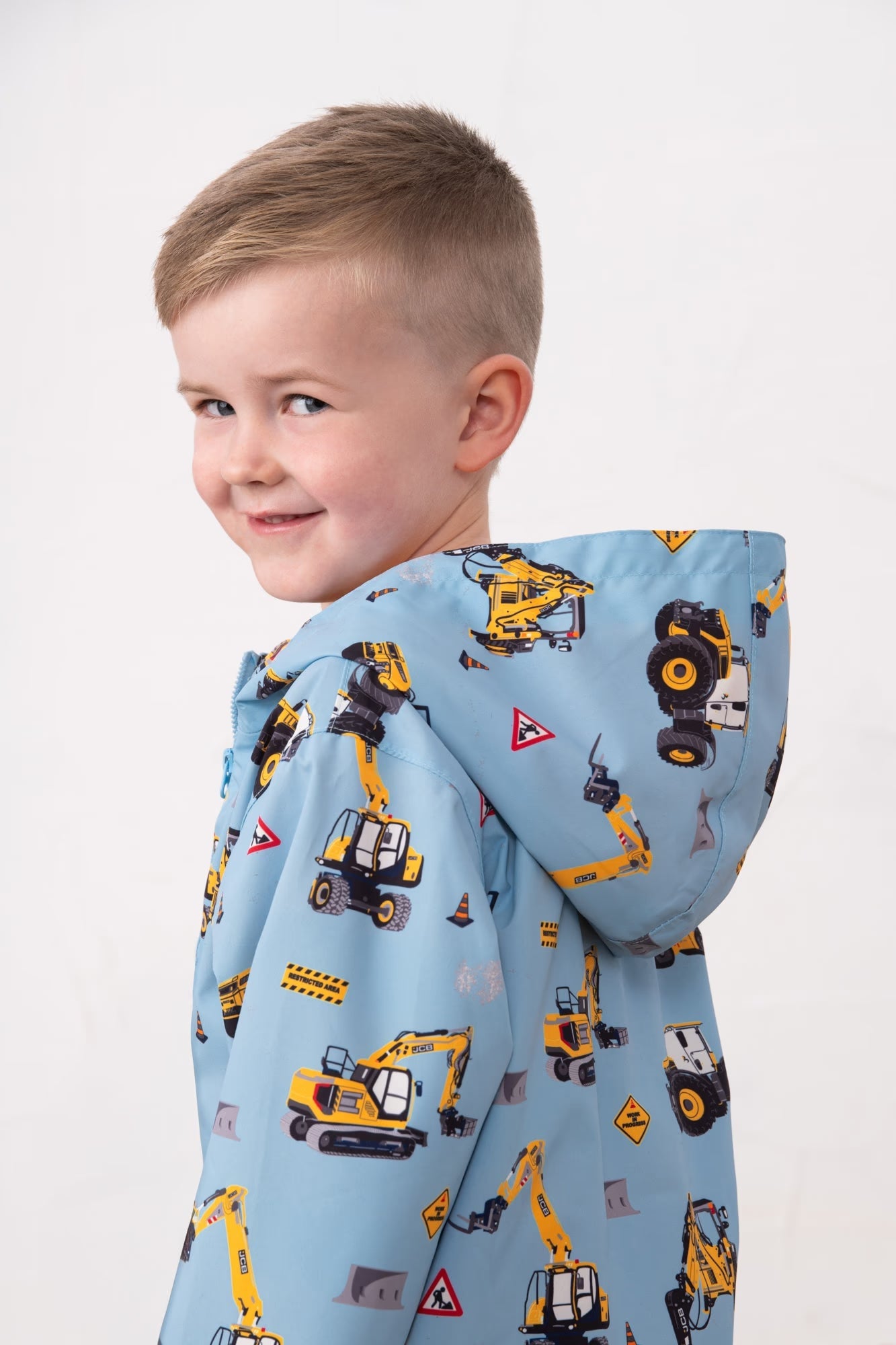 Ethan Boys Blue JCB Tractor Print Rain Jacket with hood